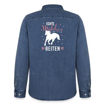 Echte Mädchen Reiten Pferde Mädchen - Männer Jeanshemd Organic von Stanley/Stella - verwaschenes Mittelblau  - Hinten - AI Model Male 185 light (185cm)