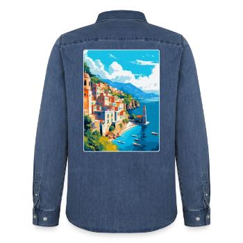 Amalfi Italien Vintage Reiseposter WPA Souvenir - Männer Jeanshemd Organic von Stanley/Stella - verwaschenes Mittelblau  - Hinten - AI Model Male 185 light (185cm)
