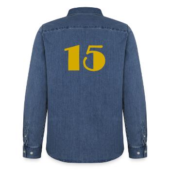 15. 15 YEARS. 15th ANNIVERSARY. 15 YEAR ANNIVERSARY. - Men’s Organic Denim Shirt by Stanley/Stella - mid washy  - Back - AI Model Male 185 light (185cm)