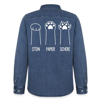 Katzenpfoten Katze Pfote Spiel Stein Papier Schere - Männer Jeanshemd Organic von Stanley/Stella - verwaschenes Mittelblau  - Hinten - AI Model Male 185 light (185cm)