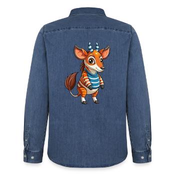 Okapi Funny Cartoon Character Musique de casque - Chemise en denim homme bio Stanley/Stella - bleu moyen délavé  - Dos - AI Model Male 185 light (185cm)