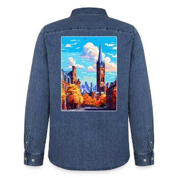 Manchester England Uk Reise Poster Souvenir WPA - Männer Jeanshemd Organic von Stanley/Stella - verwaschenes Mittelblau  - Hinten - AI Model Male 185 light (185cm)