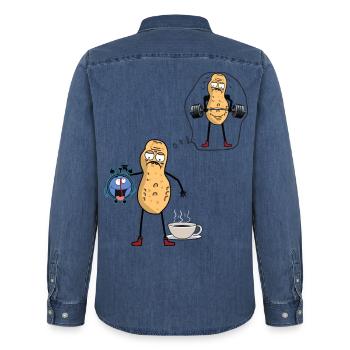 Erdnuss Morgenmuffel Frühaufsteher Bodybuilder - Männer Jeanshemd Organic von Stanley/Stella - verwaschenes Mittelblau  - Hinten - AI Model Male 185 light (185cm)