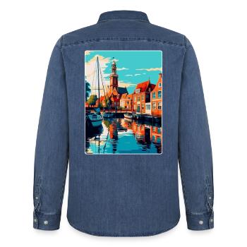 Enkhuizen Niederlande Vintage Reiseposter WPA - Männer Jeanshemd Organic von Stanley/Stella - verwaschenes Mittelblau  - Hinten - AI Model Male 185 light (185cm)