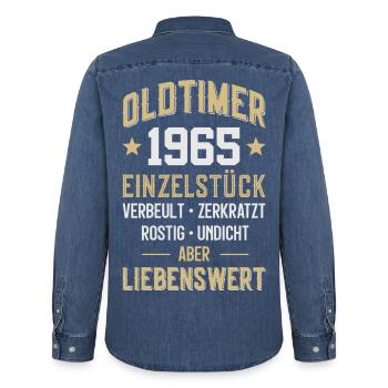 LUSTIG 61. GEBURTSTAG OLDTIMER 1965 EINZELSTÜCK - Männer Jeanshemd Organic von Stanley/Stella - verwaschenes Mittelblau  - Hinten - AI Model Male 185 light (185cm)