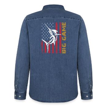 Jumping Marlin with US flag Deep Sea Fishing - Men’s Organic Denim Shirt by Stanley/Stella - mid washy  - Back - AI Model Male 185 light (185cm)
