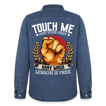Krav Maga - Men’s Organic Denim Shirt by Stanley/Stella - mid washy  - Back - AI Model Male 185 light (185cm)