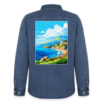 Péninsule de Mani Grèce Affiche de voyage vintage WPA - Chemise en denim homme bio Stanley/Stella - bleu moyen délavé  - Dos - AI Model Male 185 light (185cm)