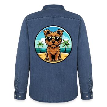 Norfolk Terrier Hunderasse Cartoon Sonnenbrille Strand - Männer Jeanshemd Organic von Stanley/Stella - verwaschenes Mittelblau  - Hinten - AI Model Male 185 light (185cm)