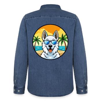 Berger Blanc Suisse Dog Breed Cartoon Sunglasses - Men’s Organic Denim Shirt by Stanley/Stella - mid washy  - Back - AI Model Male 185 light (185cm)