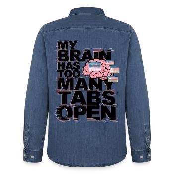 My Brain Has Too Many Tabs Open - Men’s Organic Denim Shirt by Stanley/Stella - mid washy  - Back - AI Model Male 185 light (185cm)