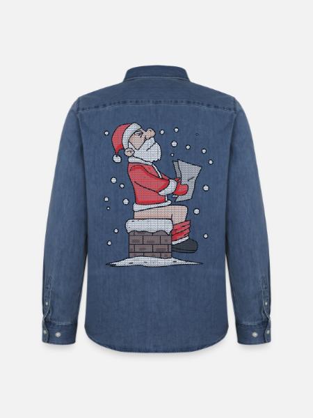Père Noël assis sur la cheminée drôle - Chemise en denim homme bio Stanley/Stella - bleu moyen délavé 