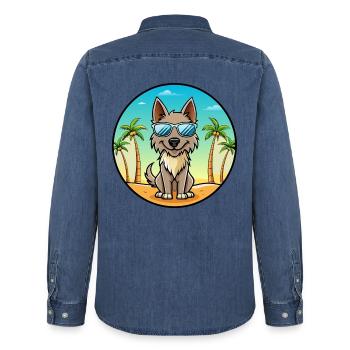 Berger Picard Hunderasse Cartoon Sonnenbrille Strand - Männer Jeanshemd Organic von Stanley/Stella - verwaschenes Mittelblau  - Hinten - AI Model Male 185 light (185cm)