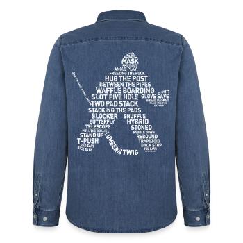 Word Art Hockey Goalie - Men’s Organic Denim Shirt by Stanley/Stella - mid washy  - Back - AI Model Male 185 light (185cm)