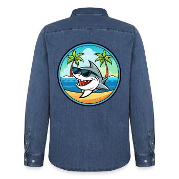Hai Lustige Cartoon Sommer Strand Sonnenbrille Cool - Männer Jeanshemd Organic von Stanley/Stella - verwaschenes Mittelblau  - Hinten - AI Model Male 185 light (185cm)