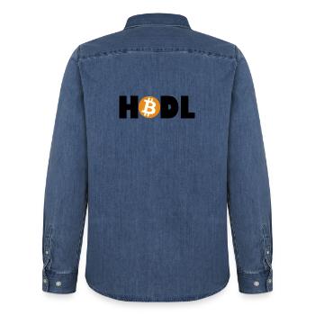 Bitcoin Revolution – Tenez l’avenir - Chemise en denim homme bio Stanley/Stella - bleu moyen délavé  - Dos - AI Model Male 185 light (185cm)