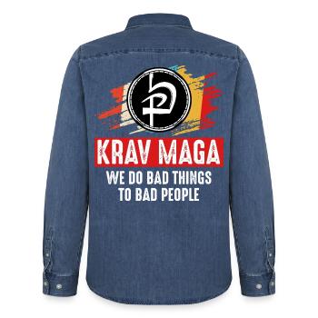 Krav Maga - Men’s Organic Denim Shirt by Stanley/Stella - mid washy  - Back - AI Model Male 185 light (185cm)