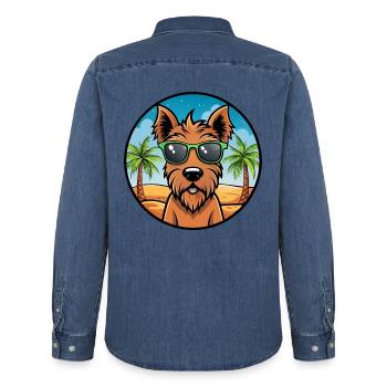 Irish Terrier Hunderasse Cartoon Sonnenbrille Strand - Männer Jeanshemd Organic von Stanley/Stella - verwaschenes Mittelblau  - Hinten - AI Model Male 185 light (185cm)