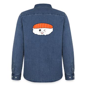 kawaii food, japanese cuisine, japanese fish - Men’s Organic Denim Shirt by Stanley/Stella - mid washy  - Back - AI Model Male 185 light (185cm)