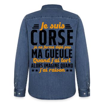 Corse je ne ferme pas ma gueule cadeau humour - Chemise en denim homme bio Stanley/Stella - bleu moyen délavé  - Dos - AI Model Male 185 light (185cm)