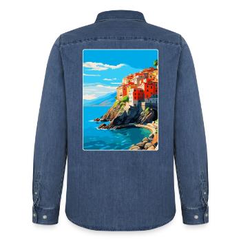 Cinque Terre Italien Vintage Reiseplakat Souvenir - Männer Jeanshemd Organic von Stanley/Stella - verwaschenes Mittelblau  - Hinten - AI Model Male 185 light (185cm)
