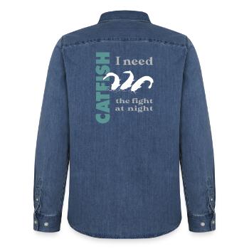 Catfish fishing fight with the strong catfish - Men’s Organic Denim Shirt by Stanley/Stella - mid washy  - Back - AI Model Male 185 light (185cm)