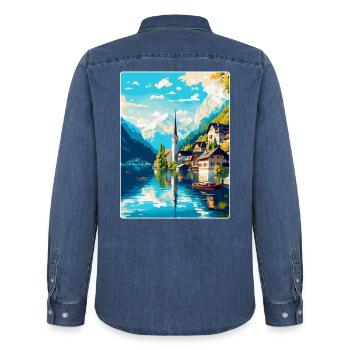 Salzkammergut Österreich Vintage Reiseposter WPA - Männer Jeanshemd Organic von Stanley/Stella - verwaschenes Mittelblau  - Hinten - AI Model Male 185 light (185cm)