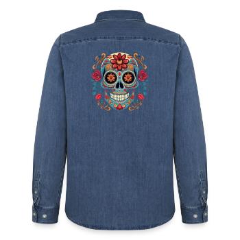 Calavera Sugar Skull - Männer Jeanshemd Organic von Stanley/Stella - verwaschenes Mittelblau  - Hinten - AI Model Male 185 light (185cm)