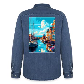 Dordrecht Niederlande Vintage Reiseposter WPA - Männer Jeanshemd Organic von Stanley/Stella - verwaschenes Mittelblau  - Hinten - AI Model Male 185 light (185cm)