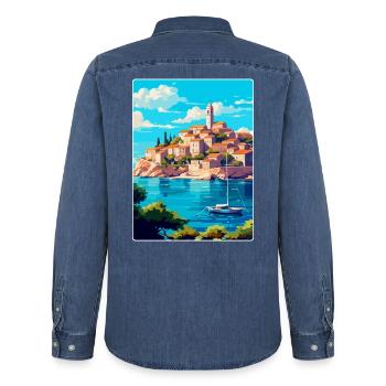 Primosten Kroatien Vintage Reiseplakat Souvenir - Männer Jeanshemd Organic von Stanley/Stella - verwaschenes Mittelblau  - Hinten - AI Model Male 185 light (185cm)