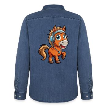 Cheval Drôle Dessin Animé Personnage Casque Musique - Chemise en denim homme bio Stanley/Stella - bleu moyen délavé  - Dos - AI Model Male 185 light (185cm)