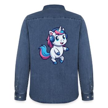 Einhorn Lustige Zeichentrickfigur Kopfhörer Musik - Männer Jeanshemd Organic von Stanley/Stella - verwaschenes Mittelblau  - Hinten - AI Model Male 185 light (185cm)