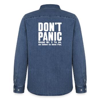 DON'T PANIC – The First Rule - Men’s Organic Denim Shirt by Stanley/Stella - mid washy  - Back - AI Model Male 185 light (185cm)