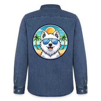 Japanischer Spitz Hund Rasse Cartoon Sonnenbrille Strand - Männer Jeanshemd Organic von Stanley/Stella - verwaschenes Mittelblau  - Hinten - AI Model Male 185 light (185cm)