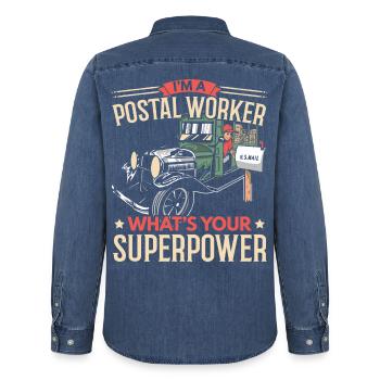 Ich bin ein Postangestellter Was ist deine Superkr - Männer Jeanshemd Organic von Stanley/Stella - verwaschenes Mittelblau  - Hinten - AI Model Male 185 light (185cm)
