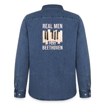 Beethoven - Chemise en denim homme bio Stanley/Stella - bleu moyen délavé  - Dos - AI Model Male 185 light (185cm)