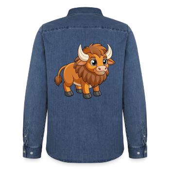 Bison Niedliche Maskottchen Zeichentrickfigur Kawaii - Männer Jeanshemd Organic von Stanley/Stella - verwaschenes Mittelblau  - Hinten - AI Model Male 185 light (185cm)
