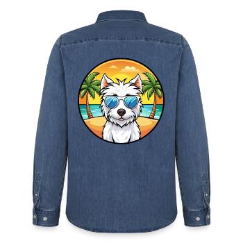 Westie Hunderasse Cartoon Sonnenbrille Strand - Männer Jeanshemd Organic von Stanley/Stella - verwaschenes Mittelblau  - Hinten - AI Model Male 185 light (185cm)
