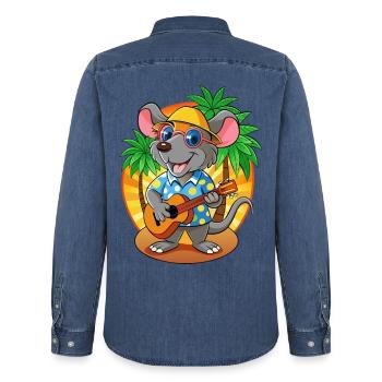 Drôle Rat Dessin Animé Plage D’été Lunettes De Soleil Guitare - Chemise en denim homme bio Stanley/Stella - bleu moyen délavé  - Dos - AI Model Male 185 light (185cm)