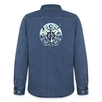 Anchor Steering Wheel Logo - Men’s Organic Denim Shirt by Stanley/Stella - mid washy  - Back - AI Model Male 185 light (185cm)