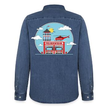 Fire station helicopter and fire truck - Men’s Organic Denim Shirt by Stanley/Stella - mid washy  - Back - AI Model Male 185 light (185cm)