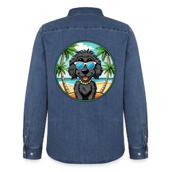 Schwarze russische Terrier Hunderasse Cartoon Sonnenbrille - Männer Jeanshemd Organic von Stanley/Stella - verwaschenes Mittelblau  - Hinten - AI Model Male 185 light (185cm)