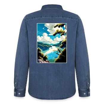 Donau Fluss Europa Vintage Reiseplakat Souvenir - Männer Jeanshemd Organic von Stanley/Stella - verwaschenes Mittelblau  - Hinten - AI Model Male 185 light (185cm)