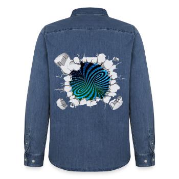 Matrix eddy current breaks out - Men’s Organic Denim Shirt by Stanley/Stella - mid washy  - Back - AI Model Male 185 light (185cm)