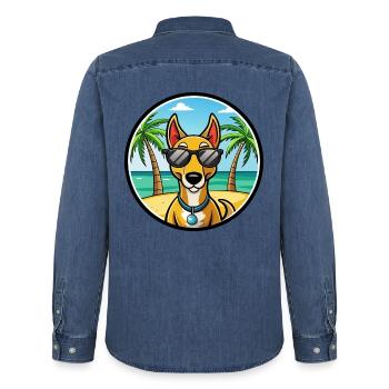 Russischer Harlekin Hund Rasse Cartoon Strand - Männer Jeanshemd Organic von Stanley/Stella - verwaschenes Mittelblau  - Hinten - AI Model Male 185 light (185cm)