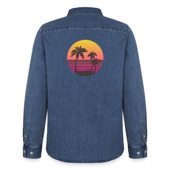 Synthwave Sun and Palms - Men’s Organic Denim Shirt by Stanley/Stella - mid washy  - Back - AI Model Male 185 light (185cm)
