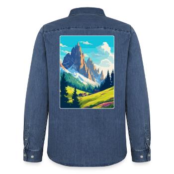Dolomiten Italien Vintage Reiseplakat Souvenir WPA - Männer Jeanshemd Organic von Stanley/Stella - verwaschenes Mittelblau  - Hinten - AI Model Male 185 light (185cm)
