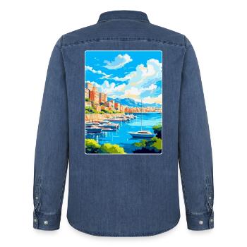 Monaco Côte d’Azur France Vintage Affiche de voyage - Chemise en denim homme bio Stanley/Stella - bleu moyen délavé  - Dos - AI Model Male 185 light (185cm)