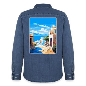Kos Griechenland Vintage Reise Poster Souvenir Souvenir - Männer Jeanshemd Organic von Stanley/Stella - verwaschenes Mittelblau  - Hinten - AI Model Male 185 light (185cm)