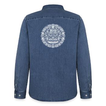 Techno Music Logo - Men’s Organic Denim Shirt by Stanley/Stella - mid washy  - Back - AI Model Male 185 light (185cm)